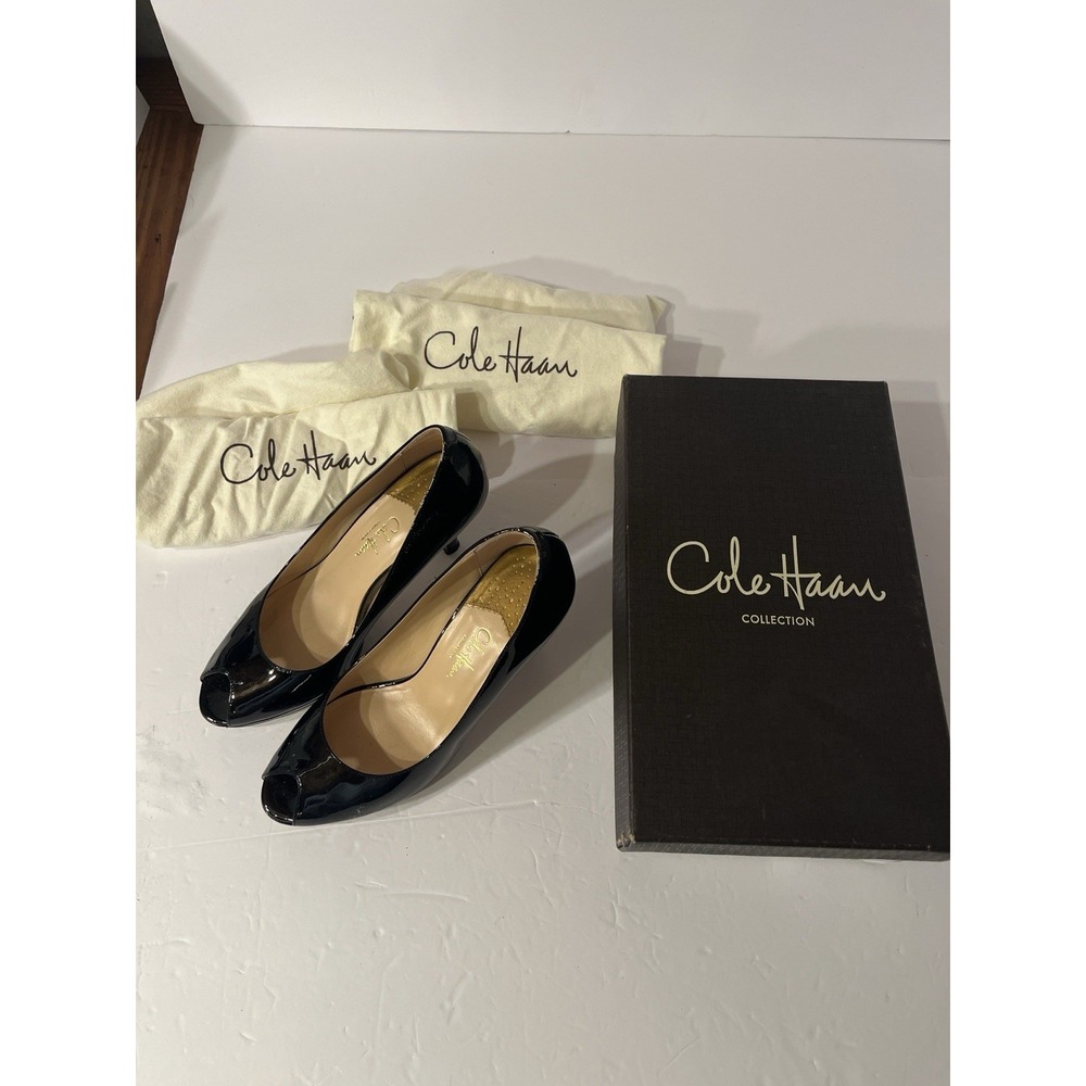 Cole Haan Black Patent Leather Peep Toe Platform Pumps Heels Women's 7.5